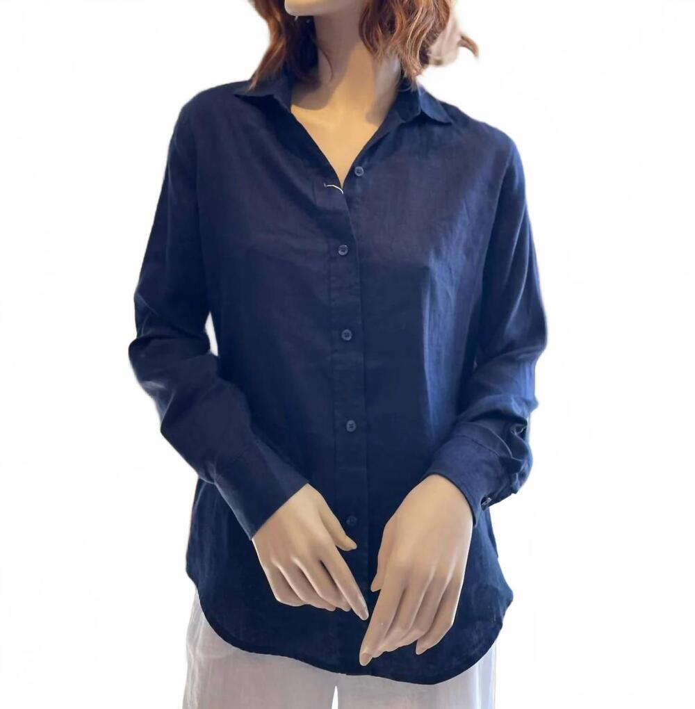 NEW PURE AMICI women's button down linen shirt in navy